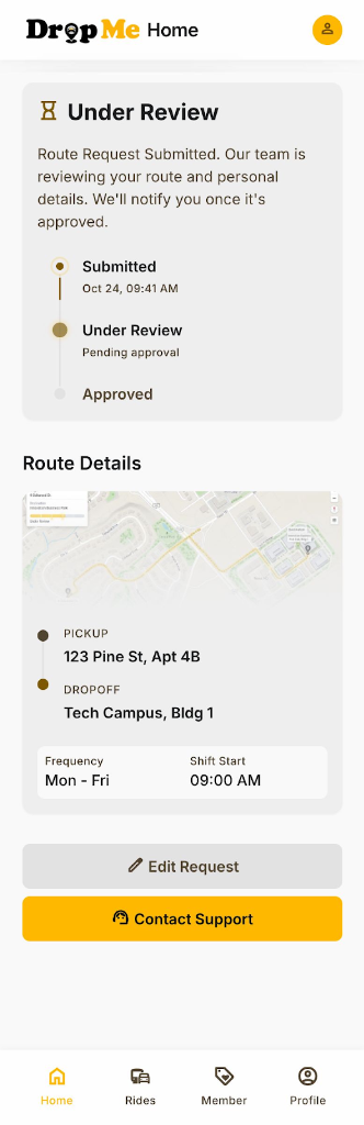 Drop Me Route Status Screen